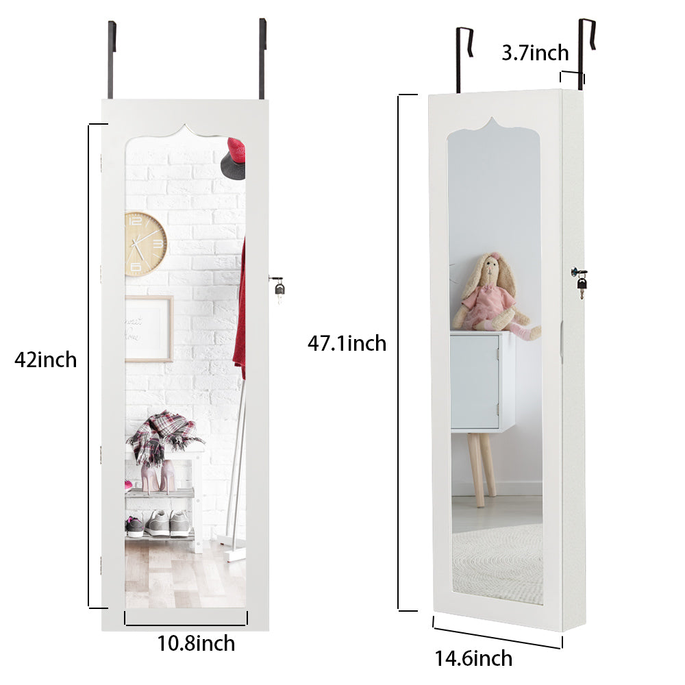 LED Wall-Mounted Jewelry Armoire with Mirror, Lockable Hanging Jewelry Organizer (White)