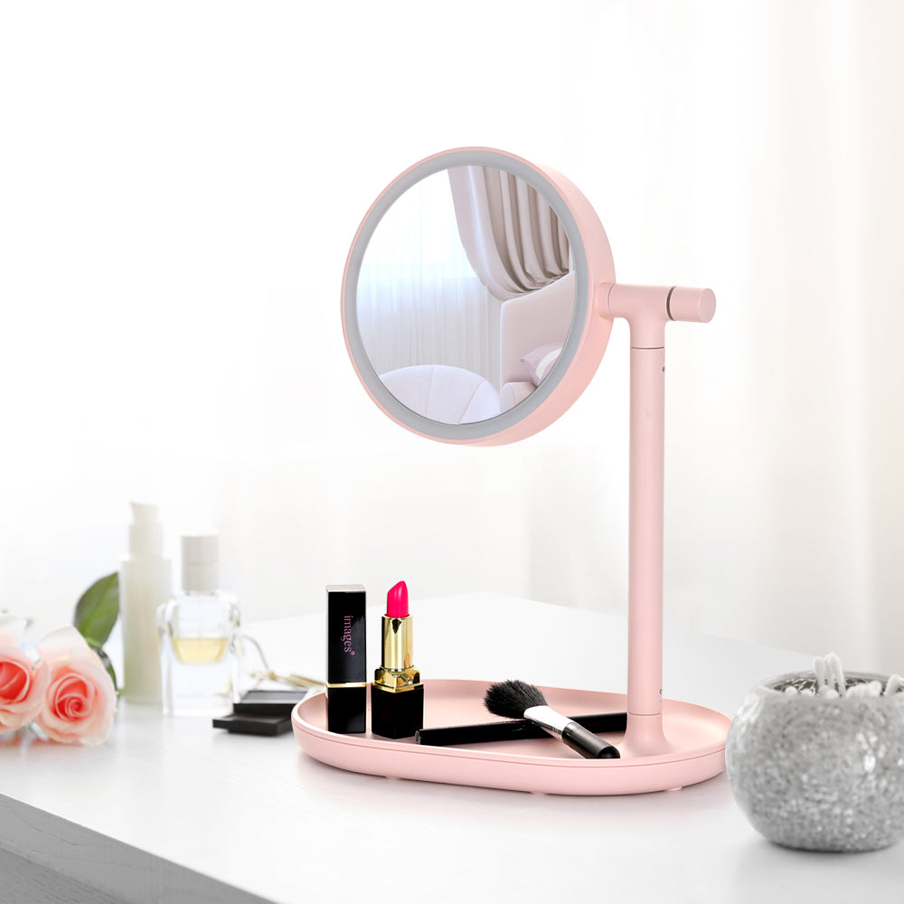 Round LED Makeup Mirror Table Lamp, 360Â° Swivel Vanity Mirror with Storage Tray Base (White)
