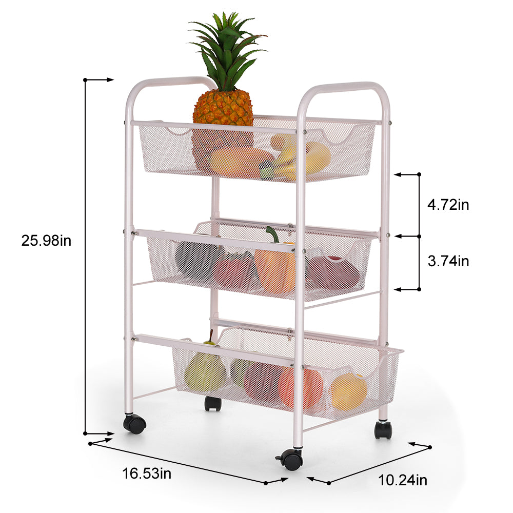 3-Tier Pink Metal Rolling Cart with Mesh Drawers, Space-Saving Snack & Toy Organizer for Kids