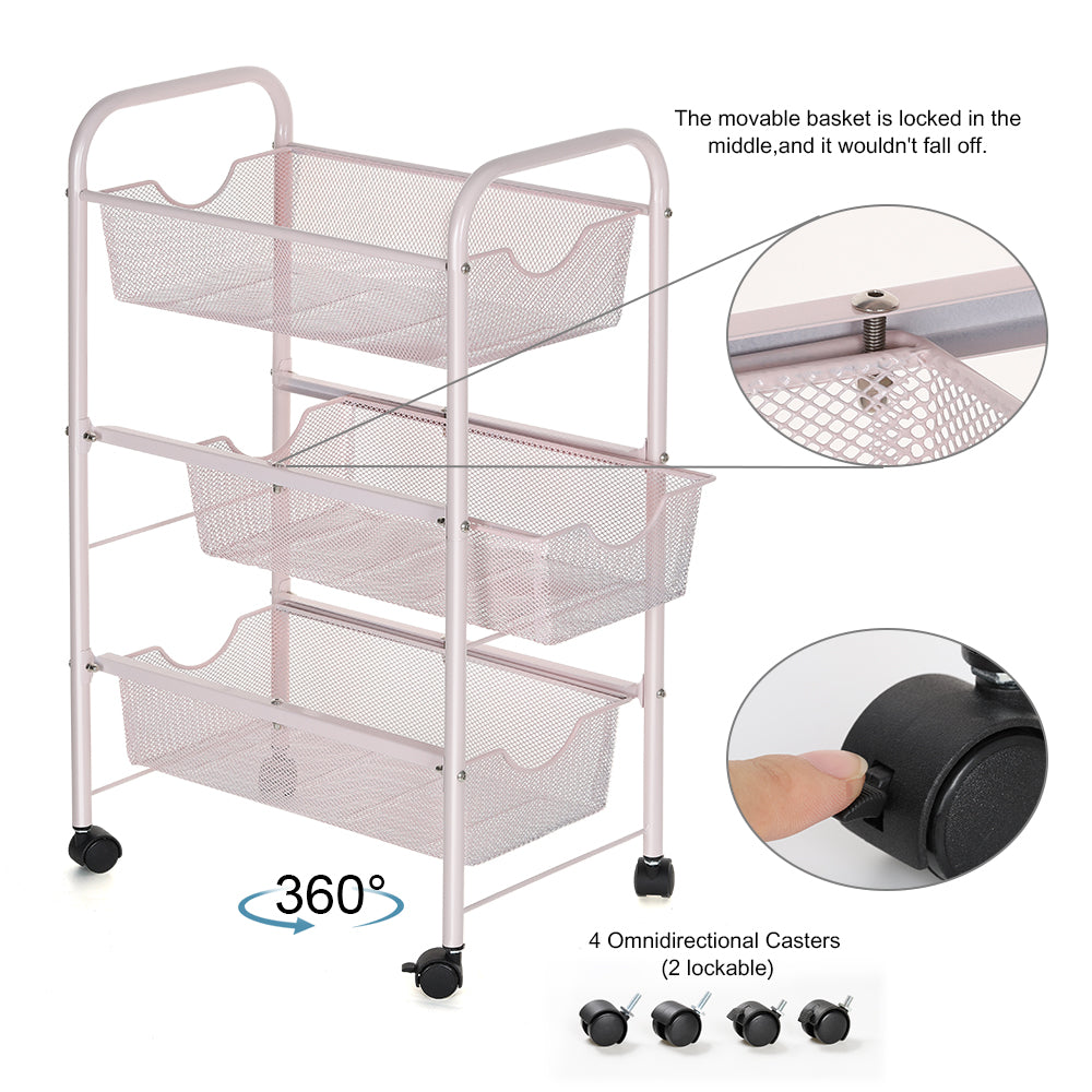 3-Tier Pink Metal Rolling Cart with Mesh Drawers, Space-Saving Snack & Toy Organizer for Kids