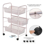 3-Tier Pink Metal Rolling Cart with Mesh Drawers, Space-Saving Snack & Toy Organizer for Kids