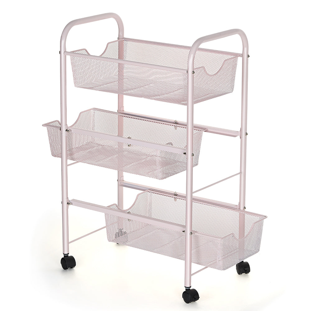 3-Tier Pink Metal Rolling Cart with Mesh Drawers, Space-Saving Snack & Toy Organizer for Kids
