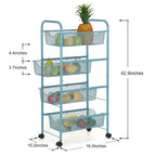 4-Tier Blue Rolling Utility Cart with 3 Hooks, Mobile Storage Trolley for Kitchen & Bathroom