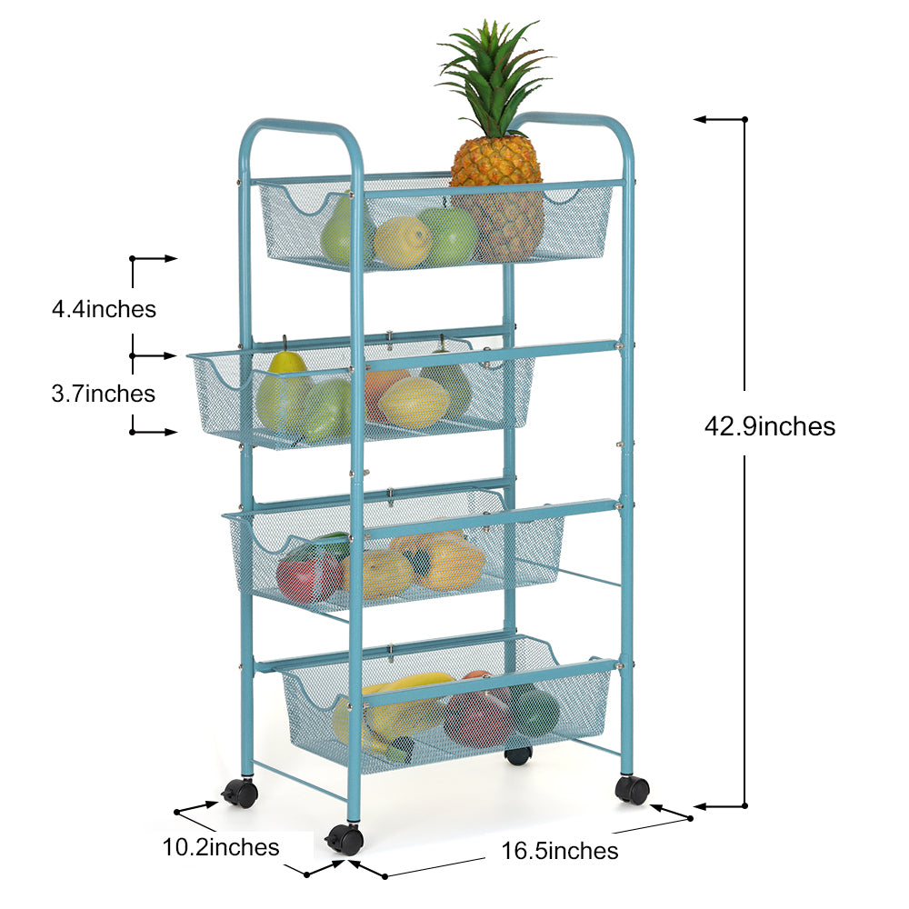 4-Tier Blue Rolling Utility Cart with 3 Hooks, Mobile Storage Trolley for Kitchen & Bathroom