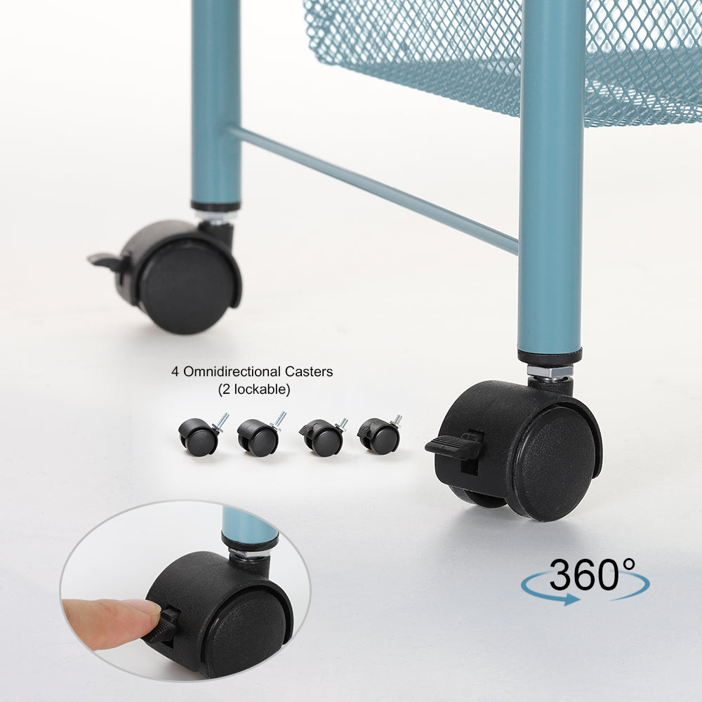 4-Tier Blue Rolling Utility Cart with 3 Hooks, Mobile Storage Trolley for Kitchen & Bathroom