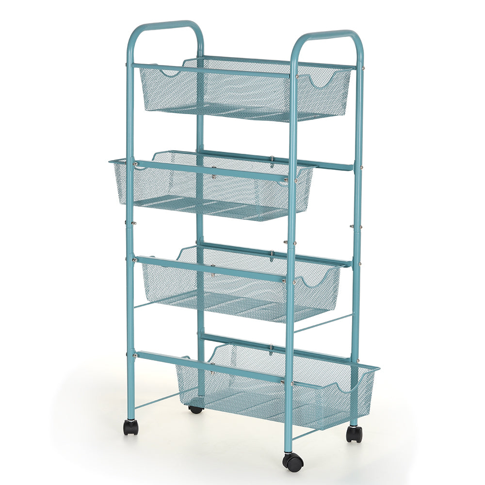 4-Tier Blue Rolling Utility Cart with 3 Hooks, Mobile Storage Trolley for Kitchen & Bathroom