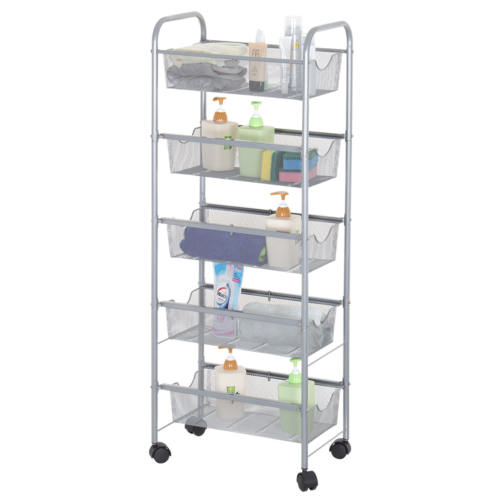 5-Tier Blue Mesh Rolling Utility Cart, Multi-Functional Metal Storage Trolley for Office & Kitchen