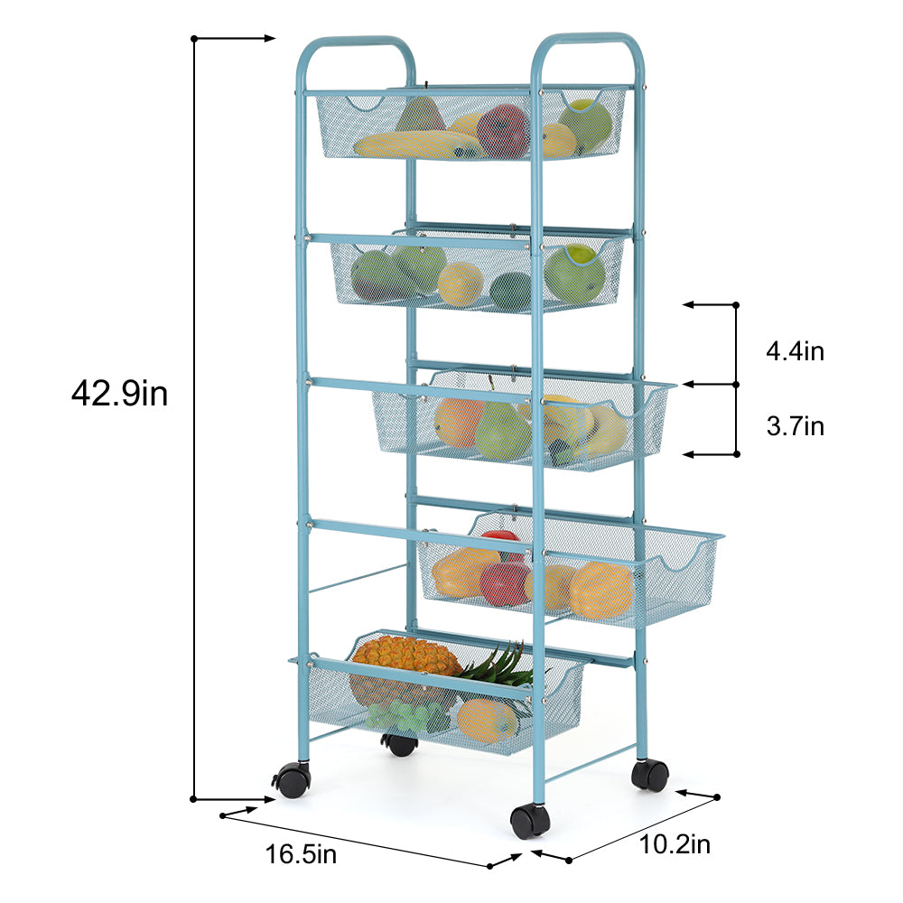 5-Tier Blue Mesh Rolling Utility Cart, Multi-Functional Metal Storage Trolley for Office & Kitchen