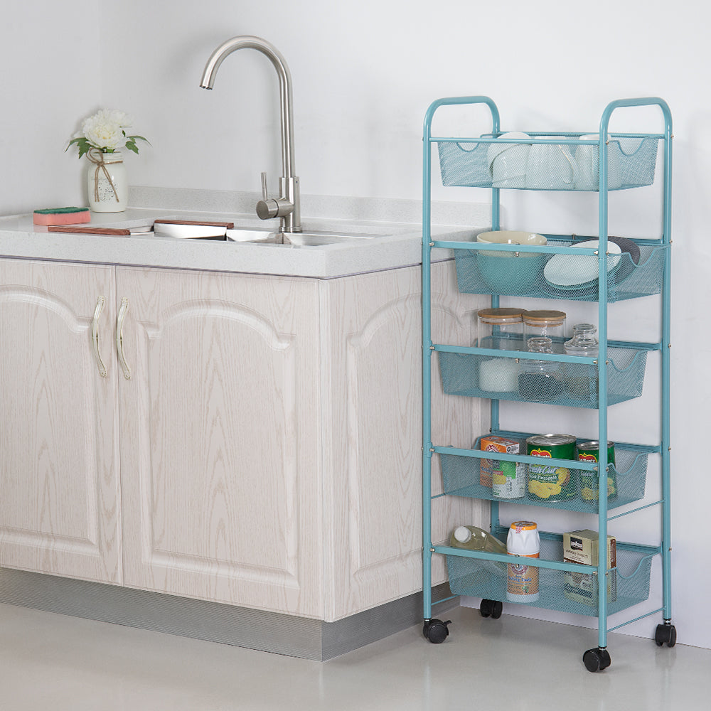 5-Tier Blue Mesh Rolling Utility Cart, Multi-Functional Metal Storage Trolley for Office & Kitchen