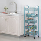 5-Tier Blue Mesh Rolling Utility Cart, Multi-Functional Metal Storage Trolley for Office & Kitchen