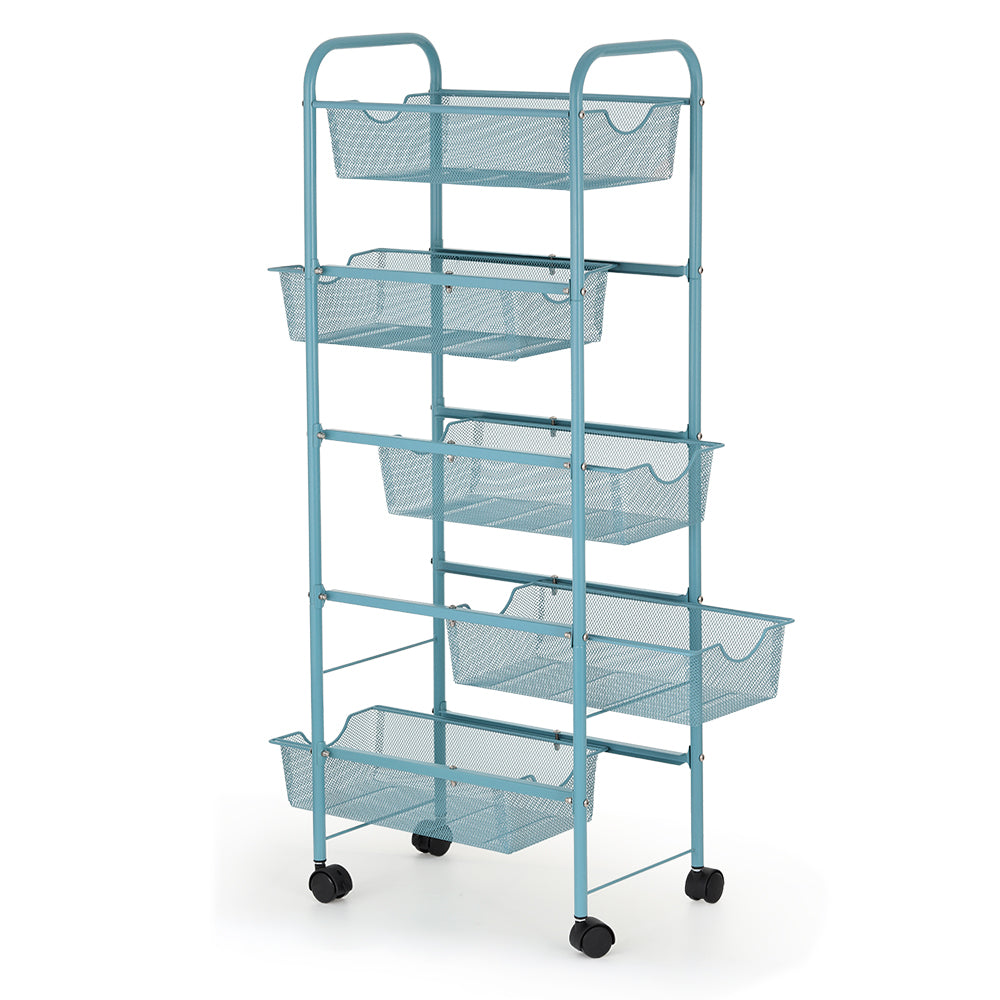 5-Tier Blue Mesh Rolling Utility Cart, Multi-Functional Metal Storage Trolley for Office & Kitchen