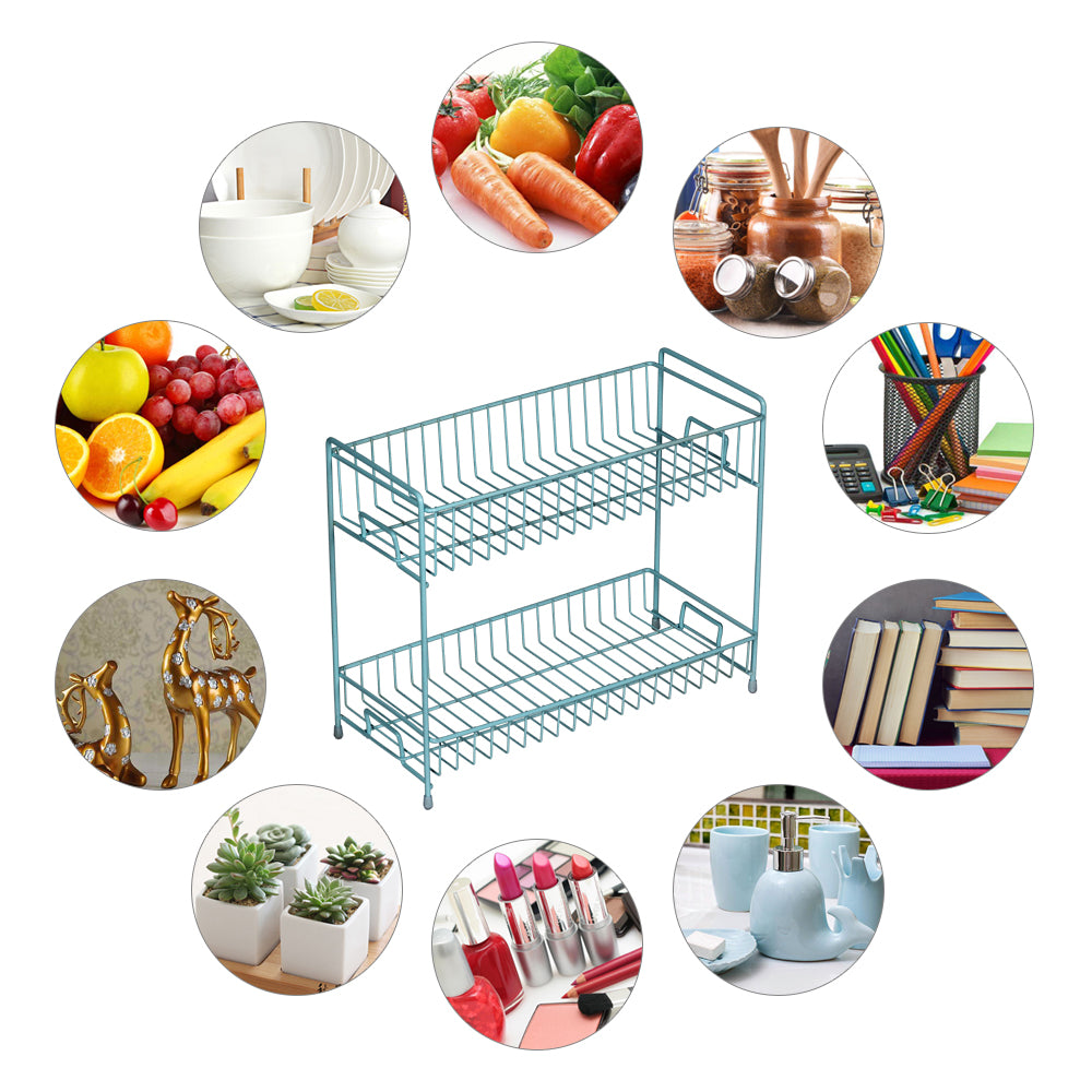 2-Tier Metal Spice Rack Organizer for Kitchen Countertop, Free-Standing Seasoning Shelf (Blue)
