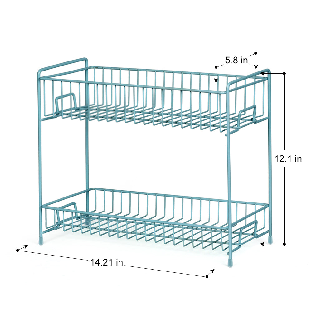 2-Tier Metal Spice Rack Organizer for Kitchen Countertop, Free-Standing Seasoning Shelf (Blue)