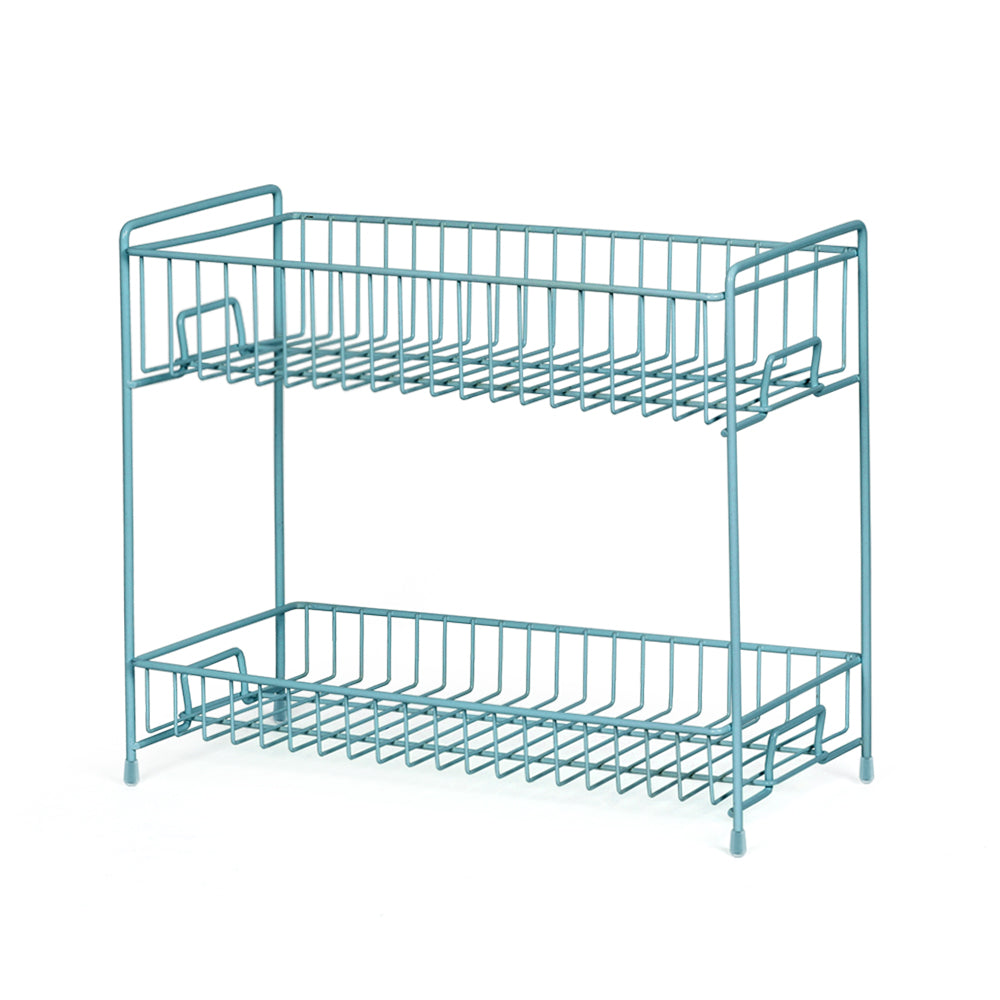 2-Tier Metal Spice Rack Organizer for Kitchen Countertop, Free-Standing Seasoning Shelf (Blue)