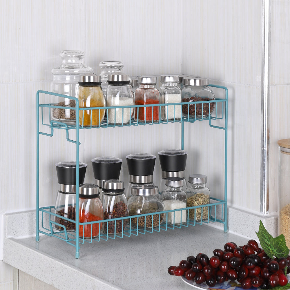 2-Tier Metal Spice Rack Organizer for Kitchen Countertop, Free-Standing Seasoning Shelf (Blue)