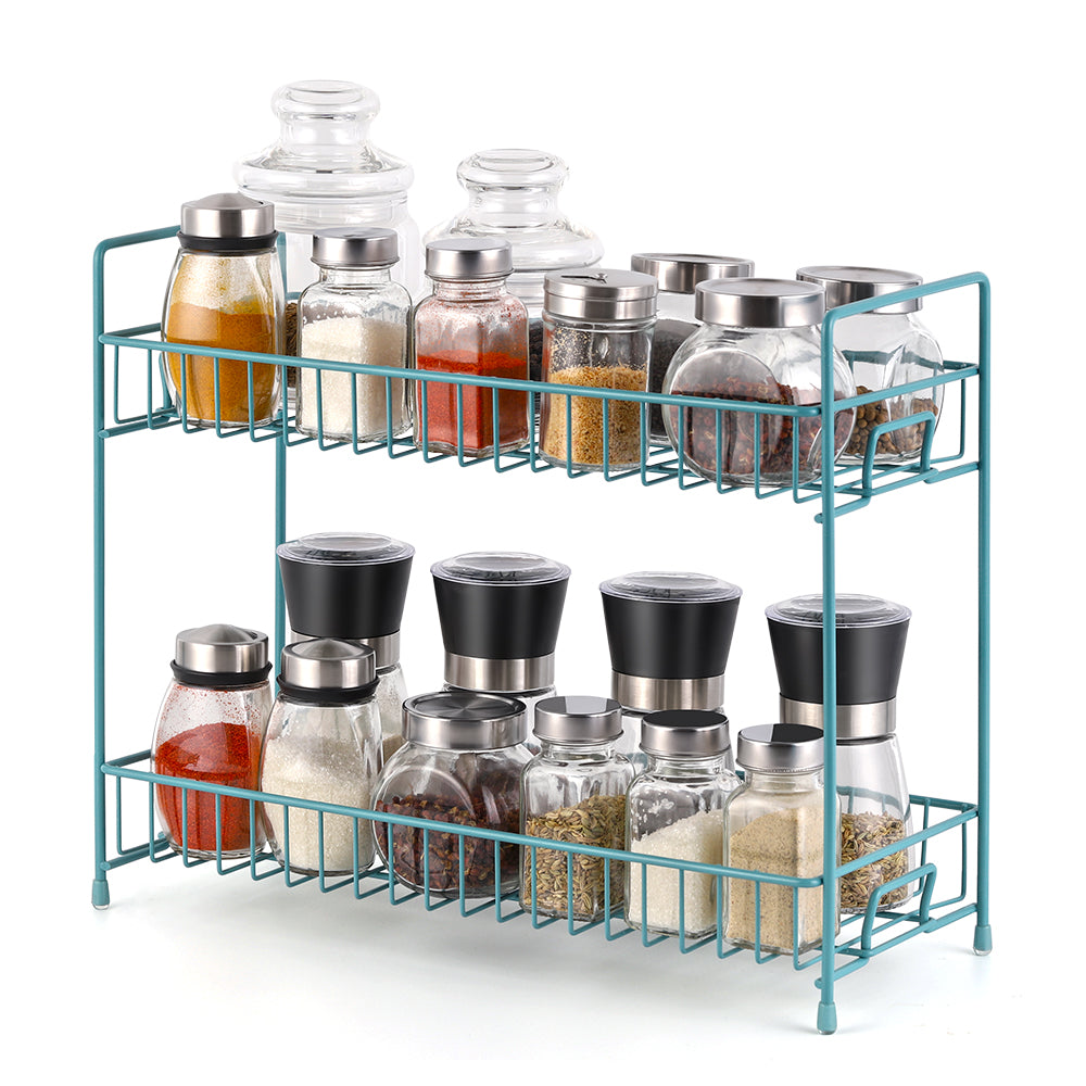 2-Tier Metal Spice Rack Organizer for Kitchen Countertop, Free-Standing Seasoning Shelf (Blue)