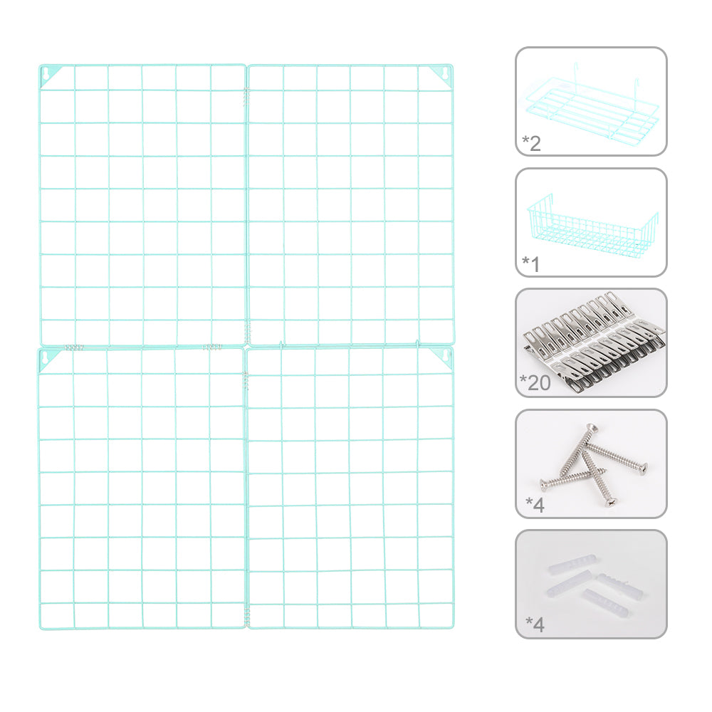 2-Pack Photo Grid Wall Wire Panels, 32" x 23" Blue Grid Wall Decor with Hanging Baskets & Clips