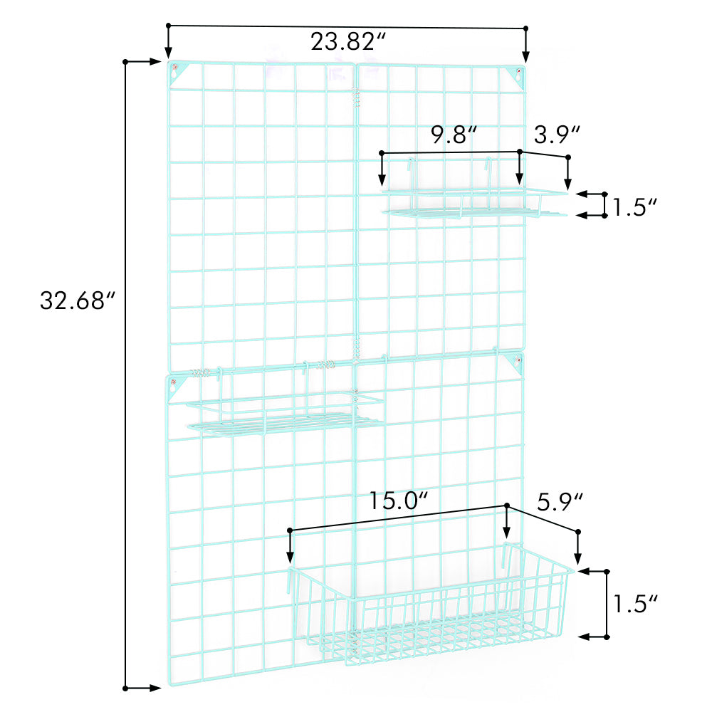 2-Pack Photo Grid Wall Wire Panels, 32" x 23" Blue Grid Wall Decor with Hanging Baskets & Clips