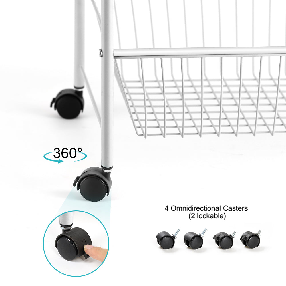 3-Tier Large Silver Rolling Utility Cart, Heavy-Duty Metal Serving Cart with Lockable Wheels