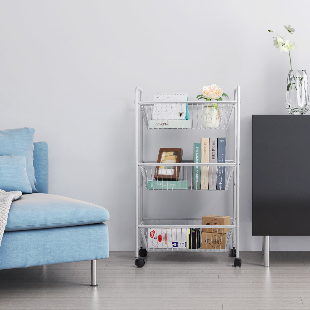 3-Tier Large Silver Rolling Utility Cart, Heavy-Duty Metal Serving Cart with Lockable Wheels