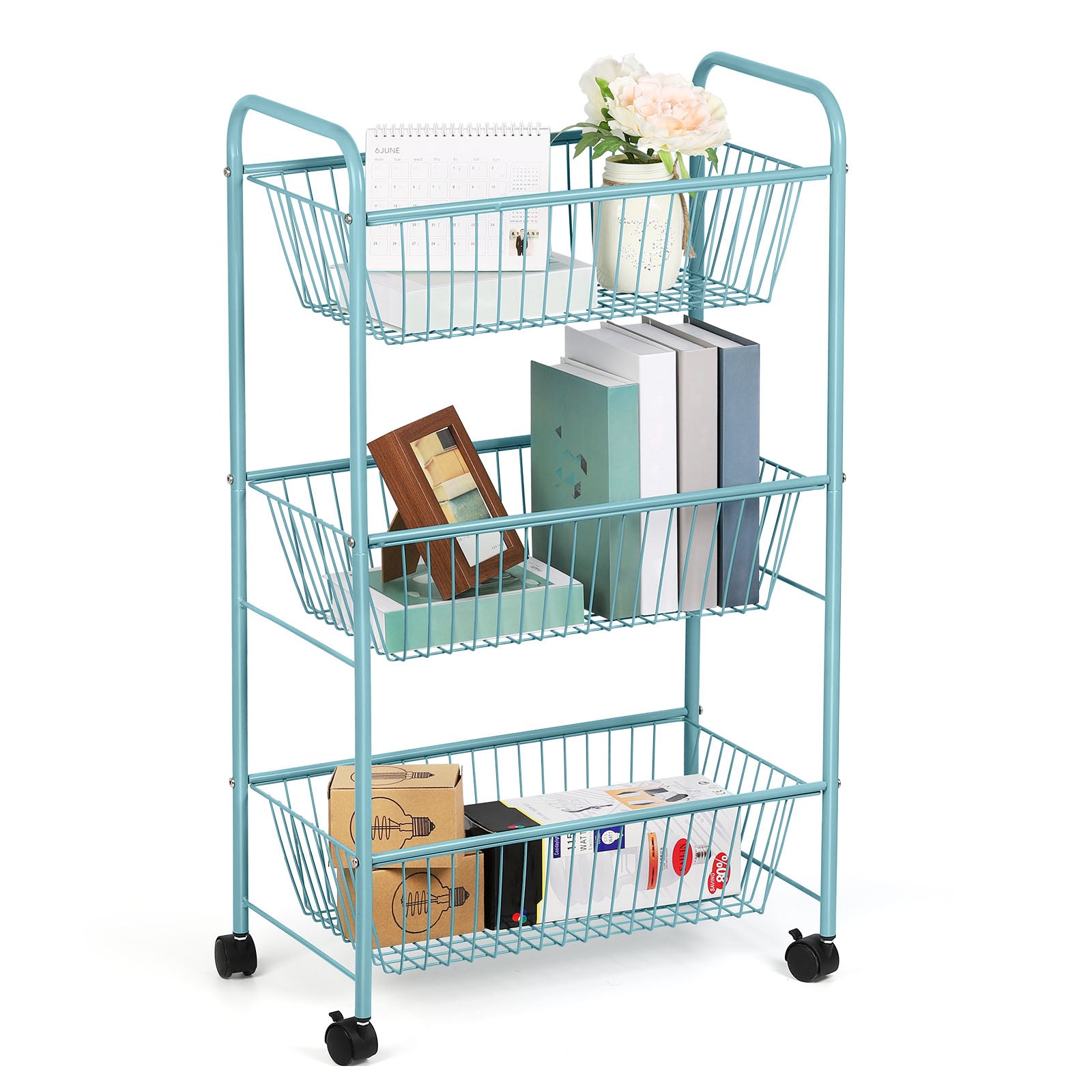 3-Tier Large Silver Rolling Utility Cart, Heavy-Duty Metal Serving Cart with Lockable Wheels