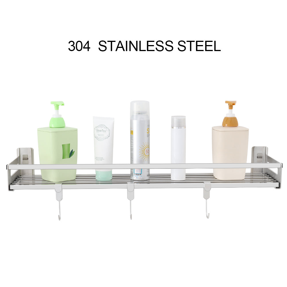 304 Stainless Steel Bathroom Shelf with Towel Bar & 3 Hooks, Wall-Mounted Modern Storage Organizer
