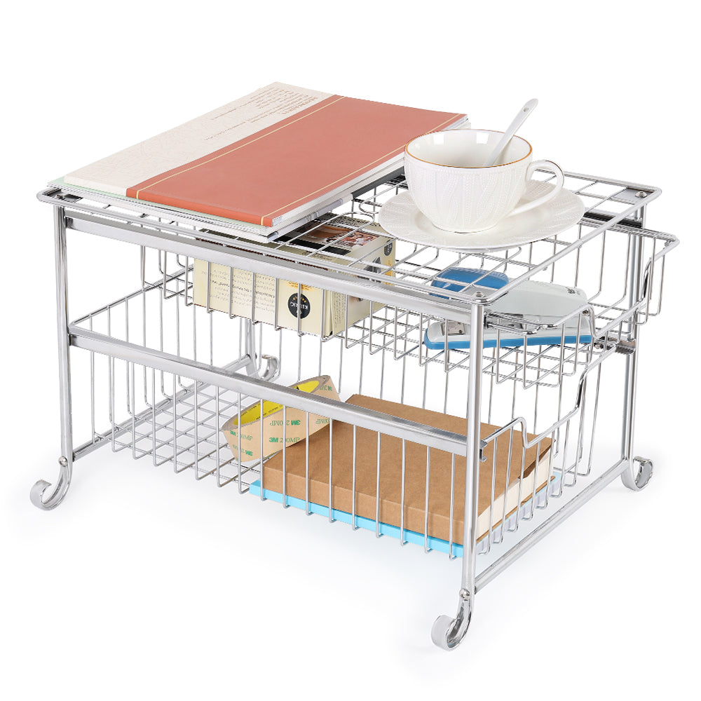 2-Tier Pull-Out Under Sink Organizer, Chrome-Plated Sliding Cabinet Storage Basket for Kitchen & Bathroom