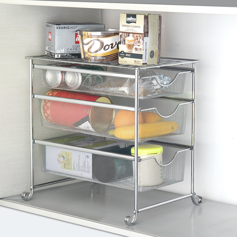 3-Tier Under Sink Organizer with Sliding Drawers, Stackable Mesh Storage Rack for Kitchen Cabinet & Bathroom