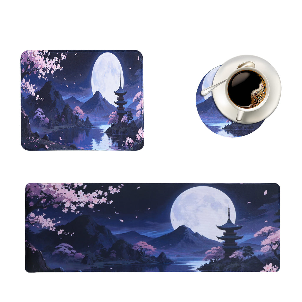 3-Piece Japanese Pagoda Desk Mat Set, Moonlight & Cherry Blossoms Extended Mouse Pad with Coaster