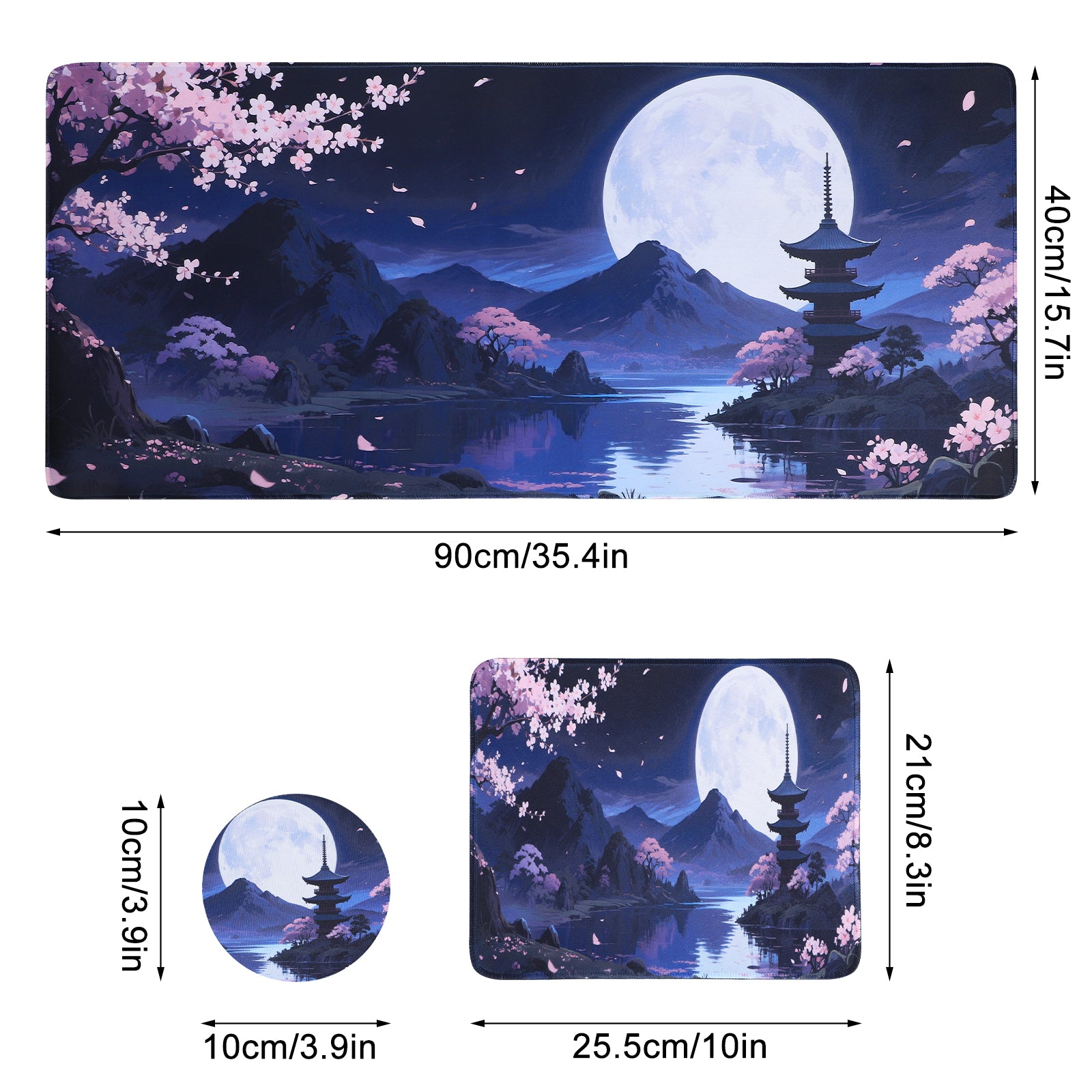 3-Piece Japanese Pagoda Desk Mat Set, Moonlight & Cherry Blossoms Extended Mouse Pad with Coaster