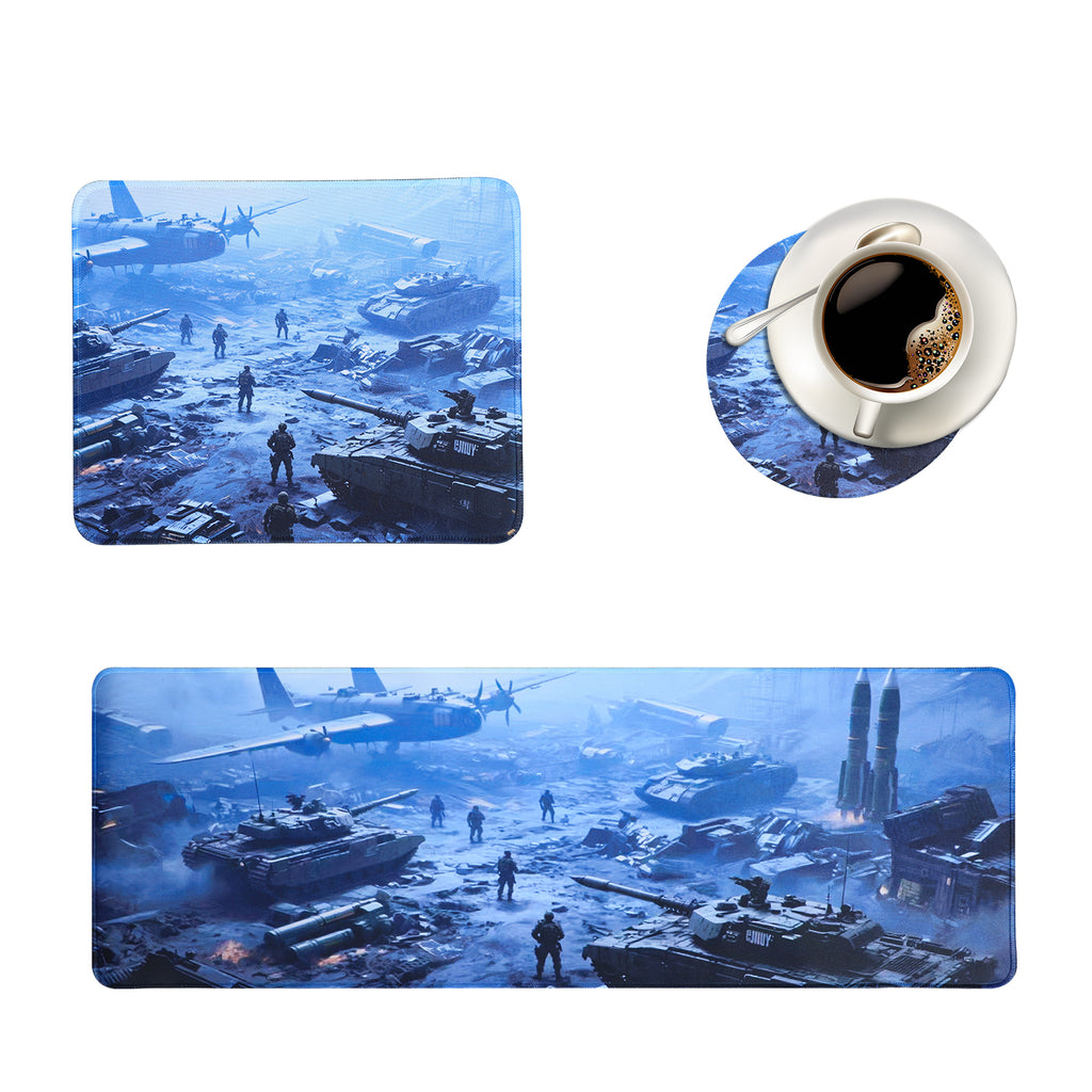 3-Piece Military Combat Desk Mat Set, Tank & Battlefield Extended Gaming Mouse Pad with Coaster