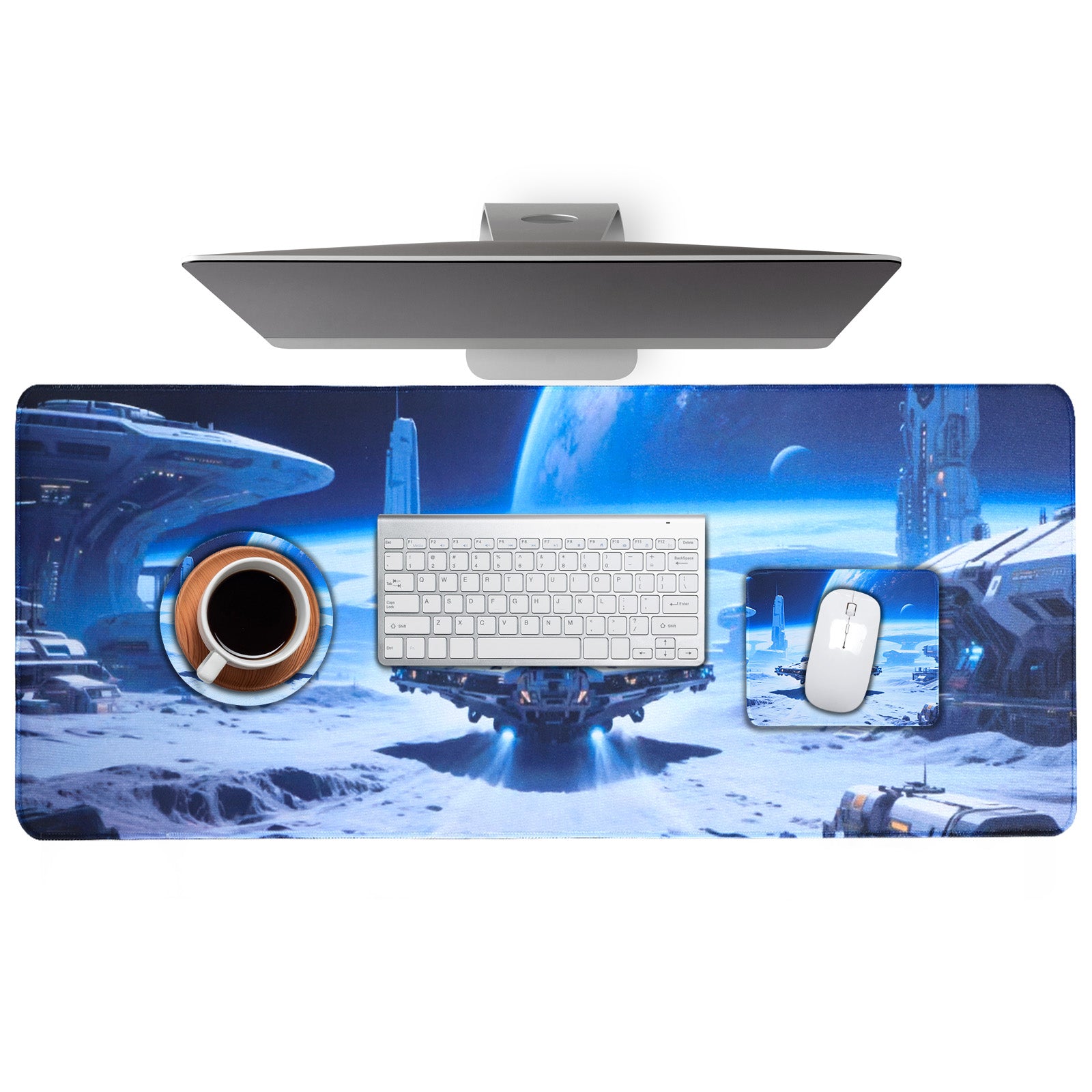 3-Piece Sci-Fi Space Station Desk Mat Set, Futuristic Galactic Mouse Pad & Cup Mat for Home Office