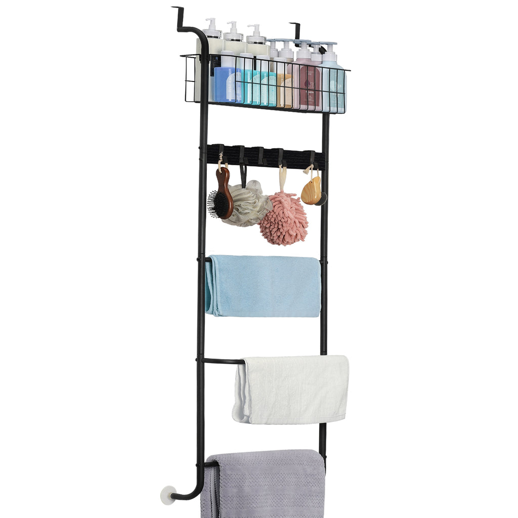 Over The Door Towel Rack with Basket, 5-Tier Hanging Towel Bar with Hooks for Bathroom Organization