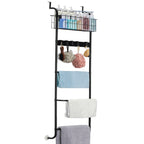 Over The Door Towel Rack with Basket, 5-Tier Hanging Towel Bar with Hooks for Bathroom Organization