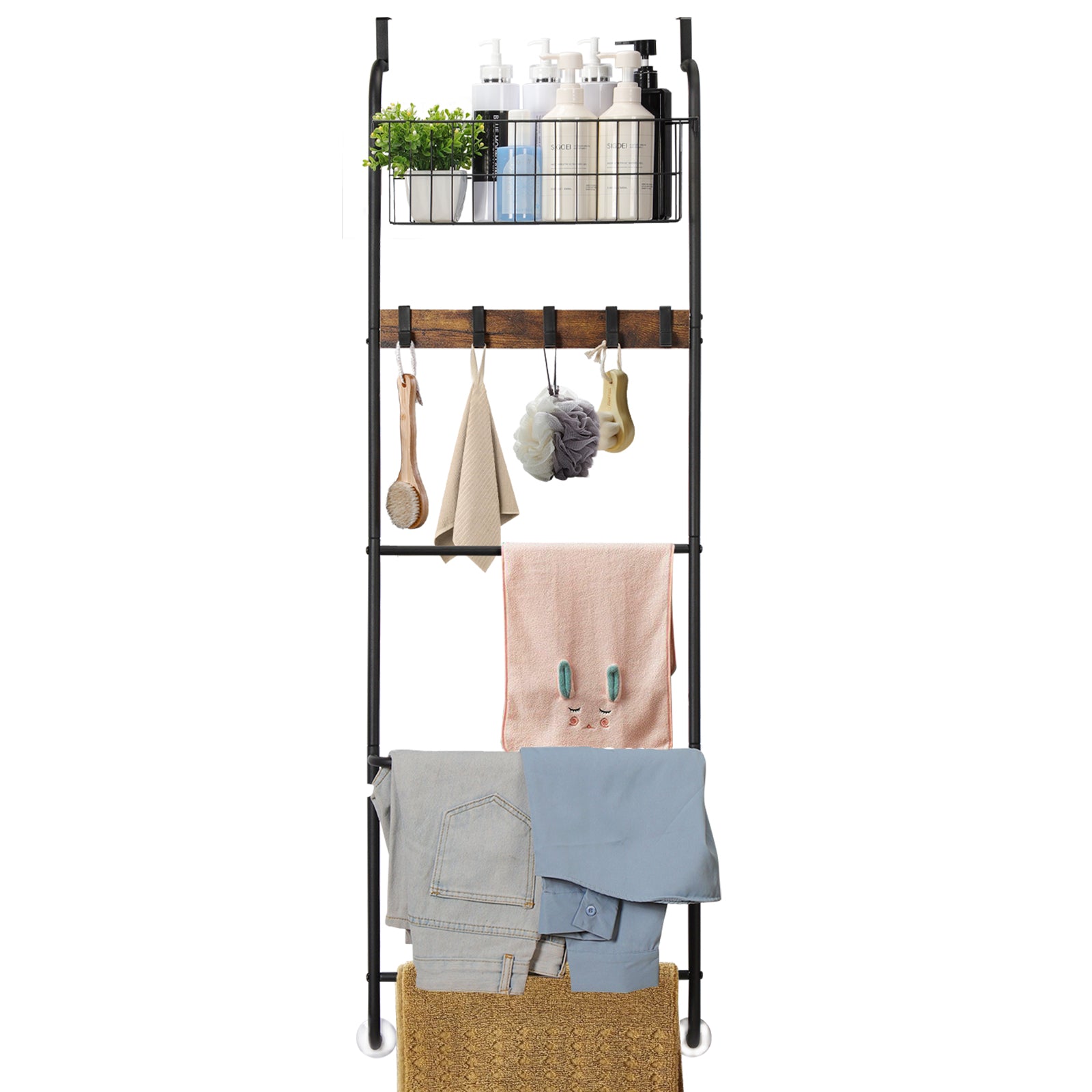 Over The Door Towel Rack with Basket, 5-Tier Hanging Towel Bar with Hooks for Bathroom Organization