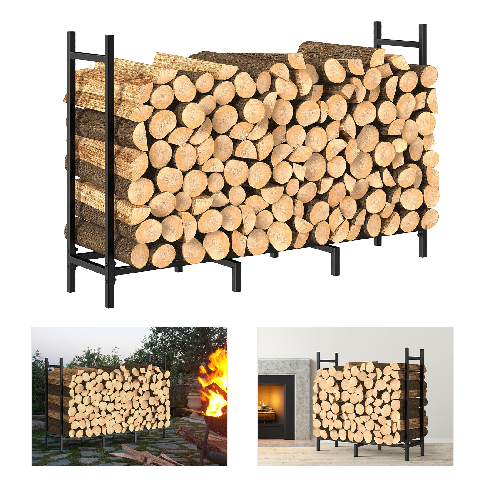 4ft/5ft/8ft Heavy Duty Firewood Rack, Metal Log Holder with Adjustable Width for Indoor/Outdoor Use