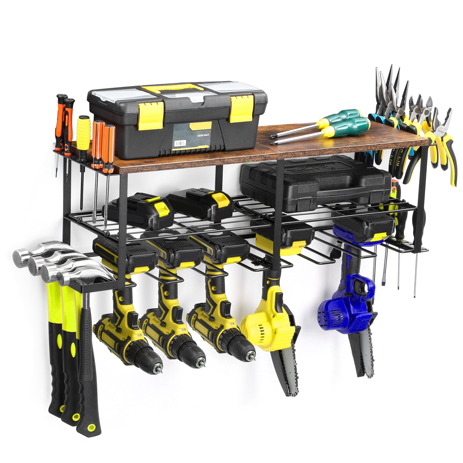 Power Tool Organizer with Wood Shelf, Wall-Mount Drill Holder & Garage Storage Rack for Tool Organization