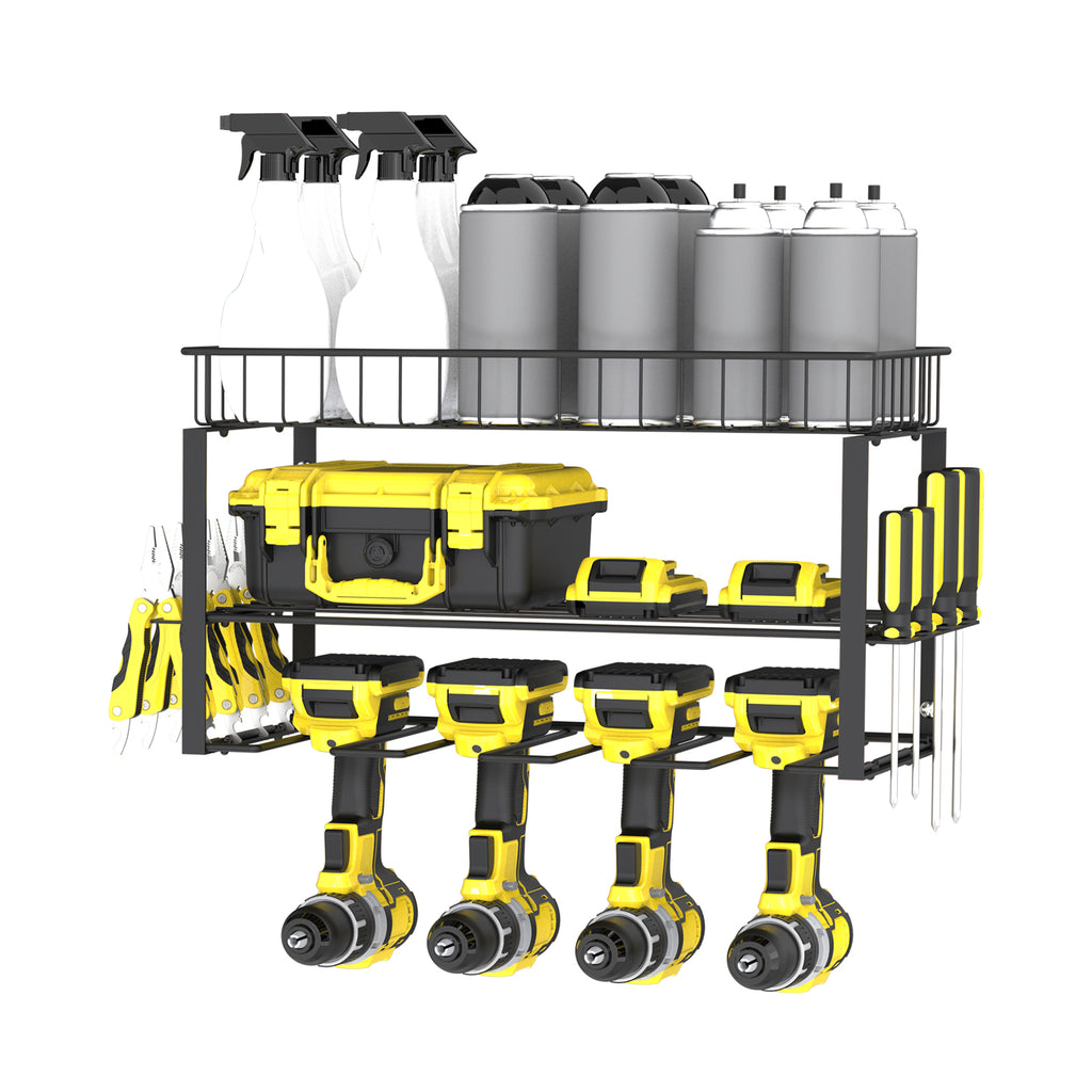 2-Tier Power Tool Organizer, Wall-Mount Drill Holder with Storage Basket for Garage & Workshop