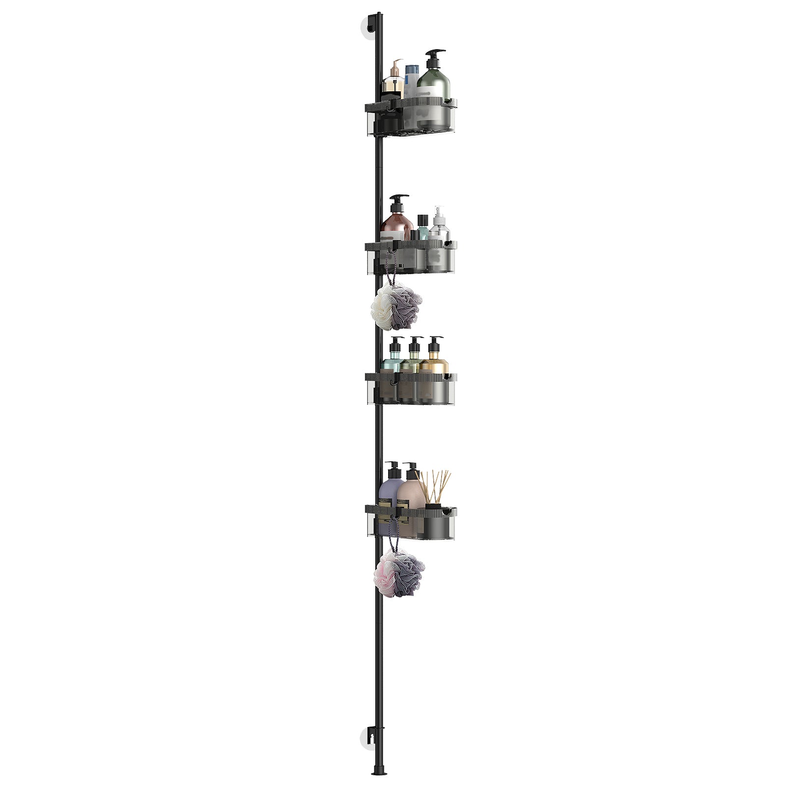 4-Tier Tension Pole Bathroom Rack, Adjustable Mesh Basket Organizer for Shower & Corner