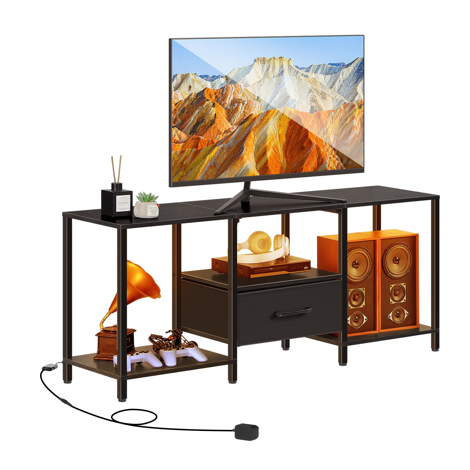 46inch TV Stand with Fabric Drawer, 3-Tier Media Console with Adjustable Feet for 55inch TV