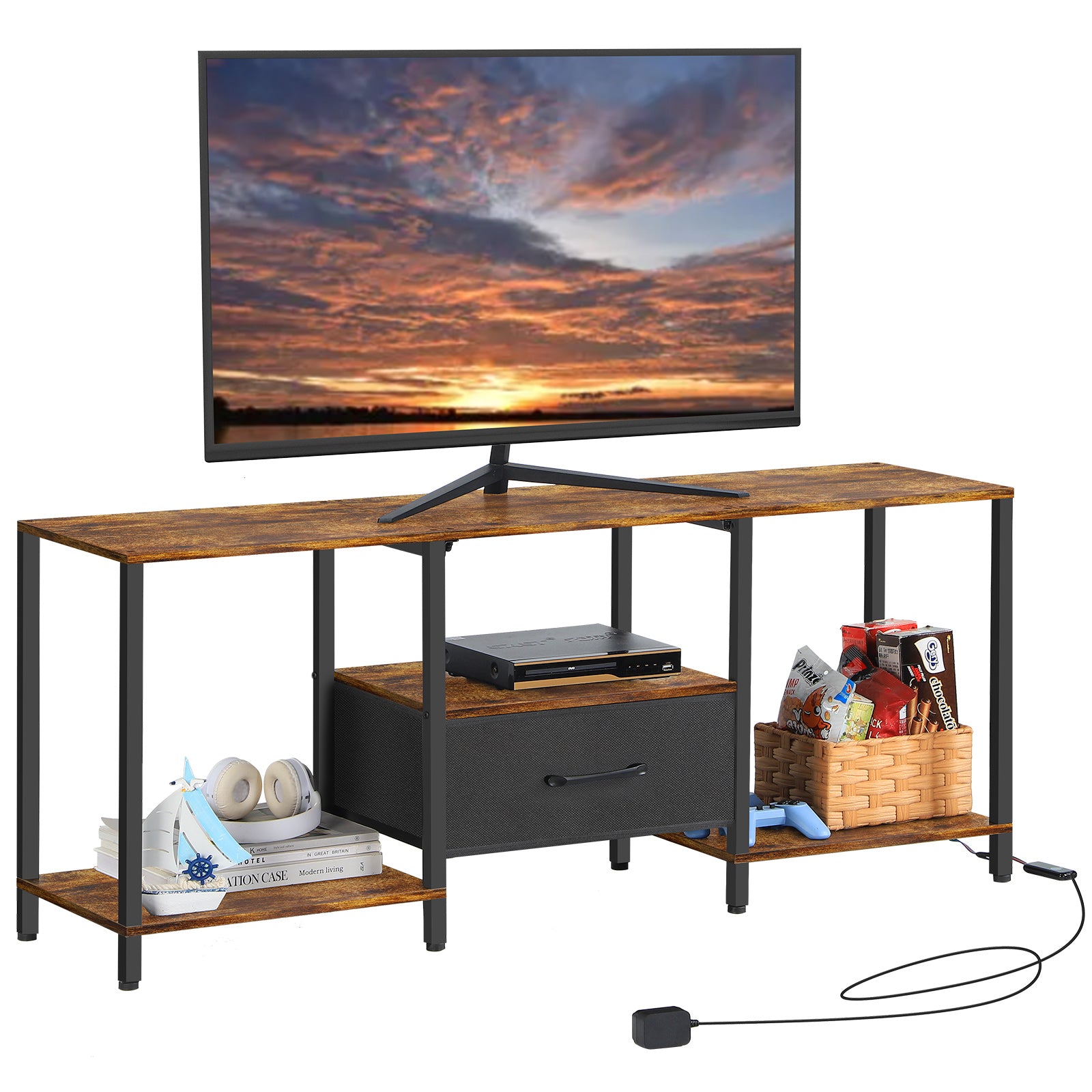 46inch TV Stand with Fabric Drawer, 3-Tier Media Console with Adjustable Feet for 55inch TV