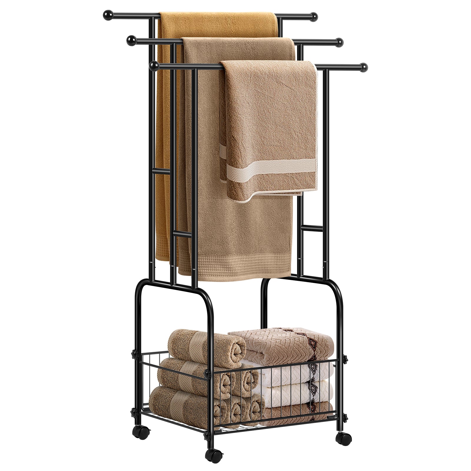 Rolling Towel Rack with Storage Basket, 3-Tier Metal Stand for Bathroom & Outdoor Pool