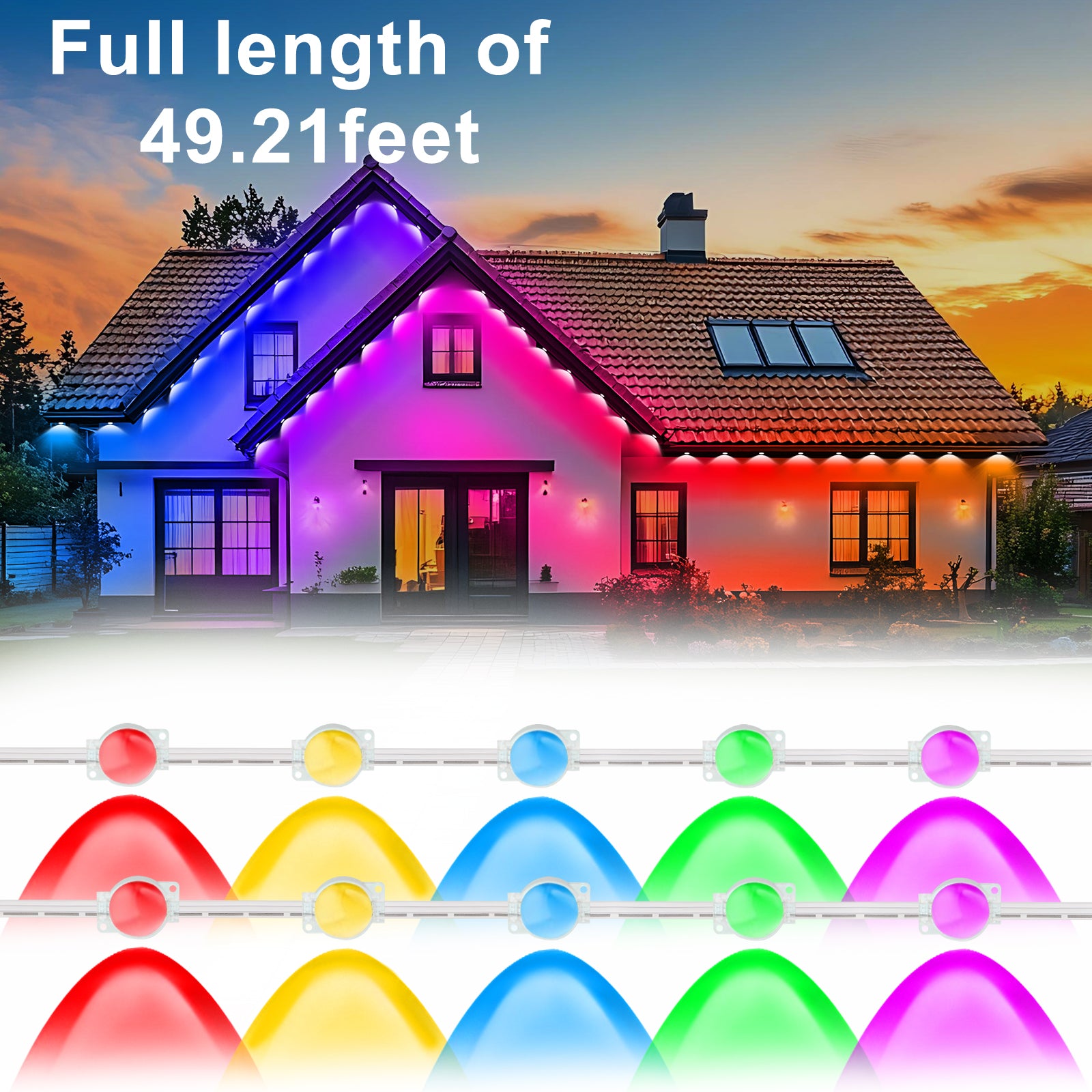 Smart RGB Eaves Lights (49ft), APP & Remote Controlled Waterproof LED Outdoor Holiday Lights