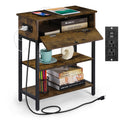 Nightstand with Charging Station & Flip Door, Rustic Side Table with USB Ports for Small Spaces