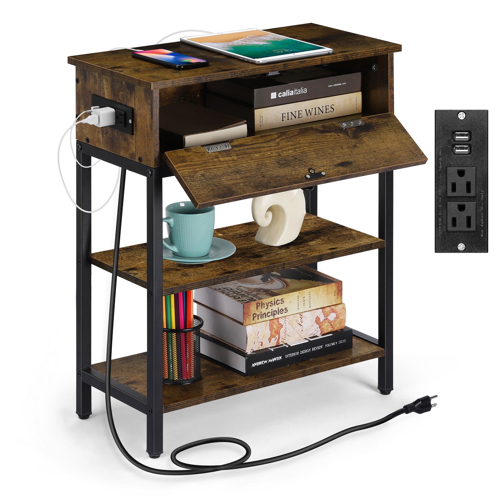 Nightstand with Charging Station & Flip Door, Rustic Side Table with USB Ports for Small Spaces