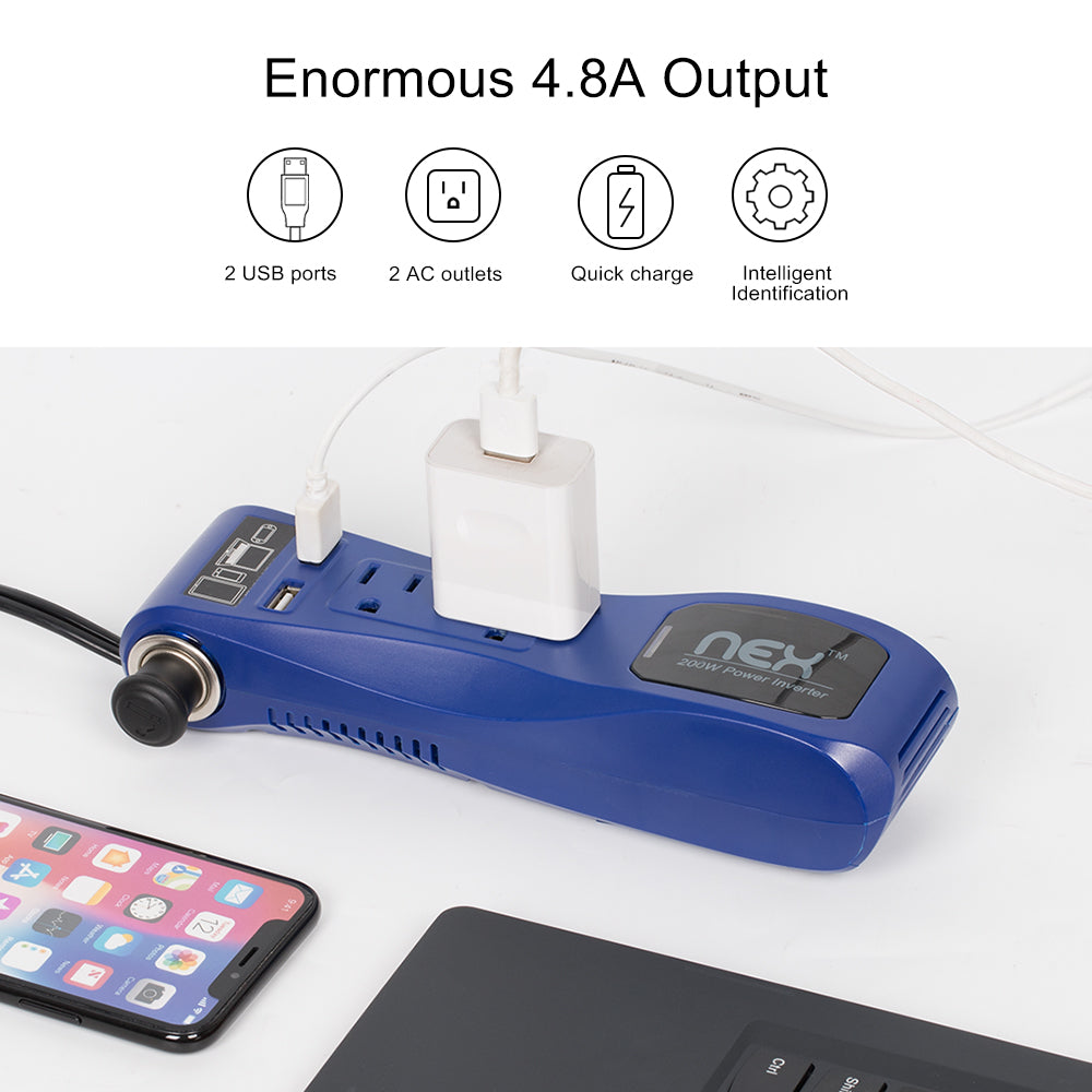 200W Automotive Power Converter with USB Charging Port, DC 12V to AC Adapter for Vehicles