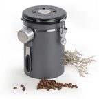 Airtight Coffee Canister - 22 oz Stainless Steel Coffee Bean Storage with Date Tracker & CO2 Valve - Includes Measuring Scoop, Gray