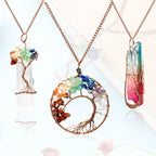 3-Piece Tree of Life Pendant Necklace Set - Natural Healing Stone Jewelry - Hand-Wrapped Crystal Sweater Chains for Women