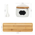 3-Piece Ceramic Condiment Jar Set - Porcelain Spice Pots with Bamboo Lids & Spoons - Decorative Kitchen Countertop Organizer Tray