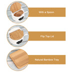 3-Piece Ceramic Condiment Jar Set - Porcelain Spice Pots with Bamboo Lids & Spoons - Decorative Kitchen Countertop Organizer Tray